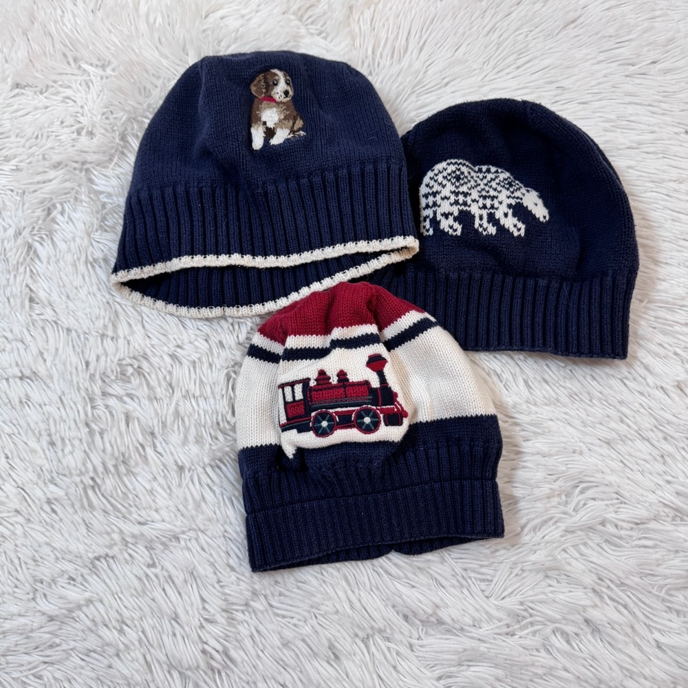 Janie and Jack set of 3 Knit Beanie embroidered train, bear, dog in navy blue